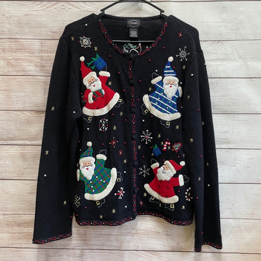 VINTAGE DESIGNERS‎ STUDIO ORIGINALS EMBROIDERED AND BEADED SANTA SWEATER